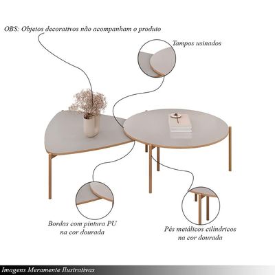 Conjunto Mesas de Centro Decorativas Oak e Dutton Pés Metálicos Dourados Fendi G18 - Gran Belo