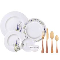 Aparelho de Jantar Porcelana e Faqueiro em Aço Inox Dourado Mesa Posta Luxo 6 Pessoas