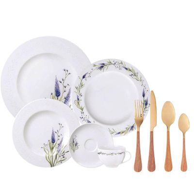 Aparelho de Jantar Porcelana e Faqueiro em Aço Inox Dourado Mesa Posta Luxo 6 Pessoas