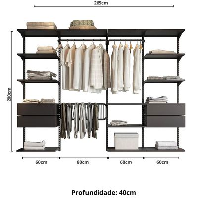 Closet Aberto Modular para Casal 265cm Eternity 37 Preto