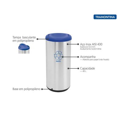 Lixeira Inox Tramontina Capsula Selecta Plus Basculante com Acabamento Scotch Brite e Tampa Basculante Azul em Polipropi