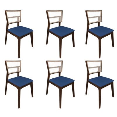 Kit 6 Cadeiras De Jantar Tela Premium Madeira Maciça Manuela Azul Veludo Mel