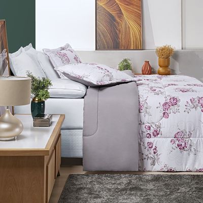 Edredom Júlia Casal Queen 03 Peças Tecido Dupla Face Microfibra 200 Fios Floral - Lilac