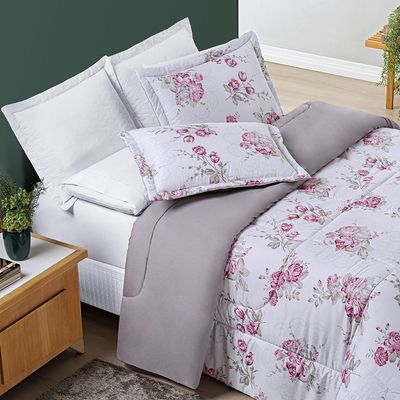 Edredom Júlia Casal Queen 03 Peças Tecido Dupla Face Microfibra 200 Fios Floral - Lilac