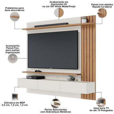 Painel Para TV 70 Pol com Bancada Suspensa 180cm Will C04 Off White Matte Freijó - Lyam Decor