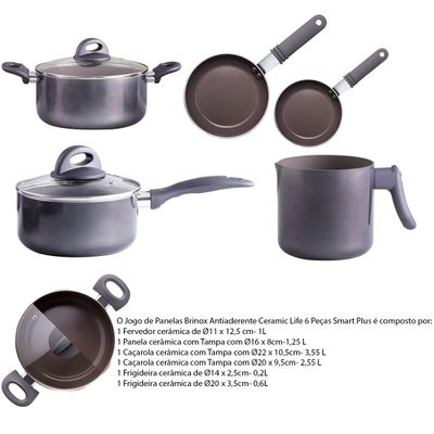Jogo de Panelas Ceramic Life Smart Plus Cinza 6 Peças - Brinox 4791/114
