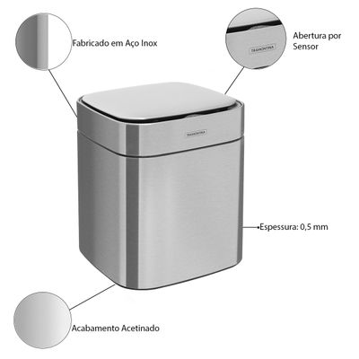 Lixeira Sense Square com Sensor em Aço Inox 8 Litros - Tramontina 94543/008