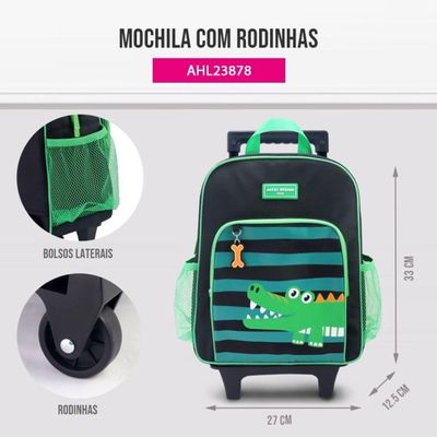 Kit Mochila Com Rodinhas Lancheira Pote P/ Lanche E Porta Acessórios Multiuso Pimpolho Verde