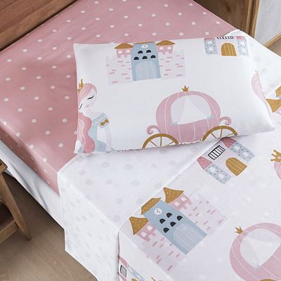 Jogo de Lençol Carrosel Solteiro 3 Peças Infantil Estampado Divertido - Princesa - 100% Poliéster