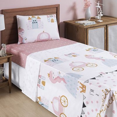 Jogo de Lençol Carrosel Solteiro 3 Peças Infantil Estampado Divertido - Princesa - 100% Poliéster
