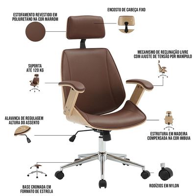 Cadeira Para Escritório Presidente Giratória Office Natural Polaris Corano R01 Marrom - Lyam Decor