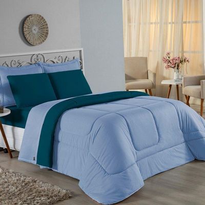 Edredom Queen Nobre 1 Peça Dupla Face 2,40m X 2,60m Malha 100% Algodão - Azul-bebê / Petróleo