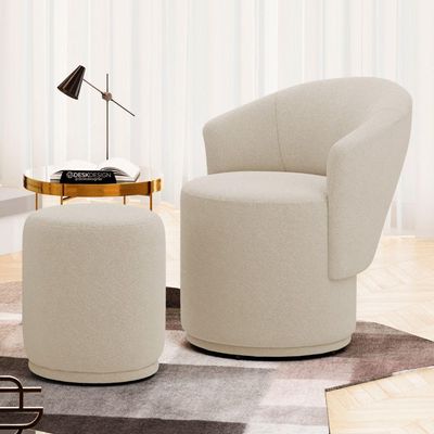 Poltrona Com Puff Orgânico Living Mavi Bouclê Bege - Desk Design