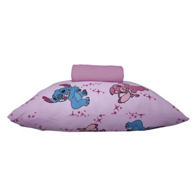 Jogo de Lençol KazzaVip Solteiro Malha 100% Algodão Play Disney Stitch e Angel Love 2 Peças Rosa