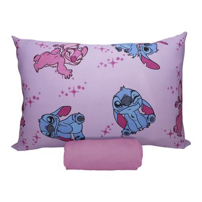 Jogo de Lençol KazzaVip Solteiro Malha 100% Algodão Play Disney Stitch e Angel Love 2 Peças Rosa