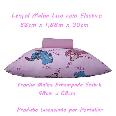Jogo de Lençol KazzaVip Solteiro Malha 100% Algodão Play Disney Stitch e Angel Love 2 Peças Rosa