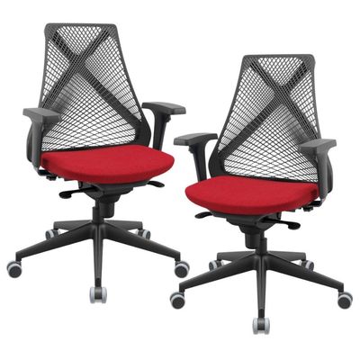 Kit 02 Cadeiras De Escritório Giratória Presidente Unix P03 Tela Cinza Crepe Vermelho - Lyam Decor