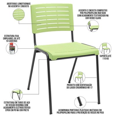 Cadeira Empilhável Fixa Escritório Multiuso Base Preta Kimi P03 Verde Claro - Lyam Decor