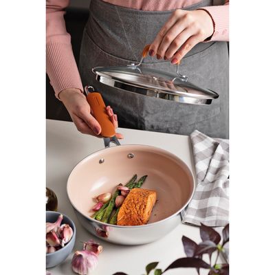 Frigideira Funda Tramontina Romagna Aço Inox Revestimento Cerâmico 24 cm 3,1 L Marfim com Tampa de Vidro