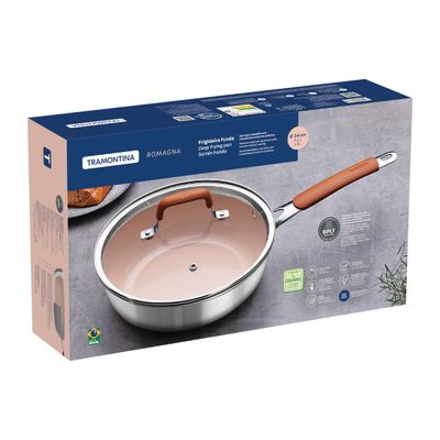 Frigideira Funda Tramontina Romagna Aço Inox Revestimento Cerâmico 24 cm 3,1 L Marfim com Tampa de Vidro