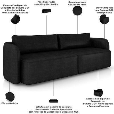 Sofá 3 Lugares Sala Living Orgânico 220cm Oregon K01 Couríssimo Preto - Lyam Decor