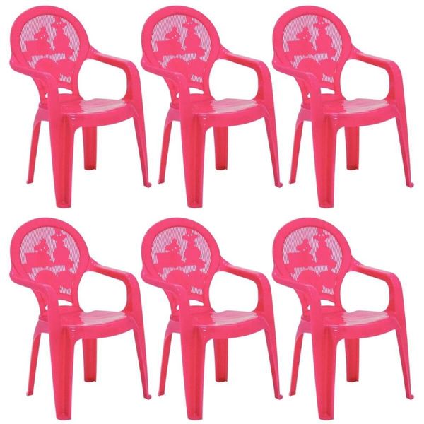 Jogo 6 Cadeiras Plásticas Infantil Rosa Estampado Tramontina Catty Escola Creche Sentar