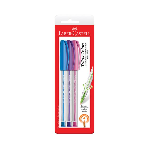 Caneta Esferográfica Faber-Castell Trilux Colors 1.0mm com 3 Unidades