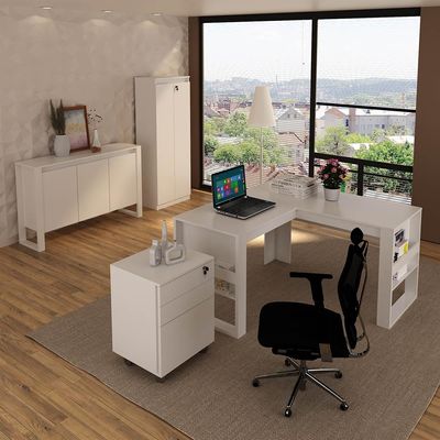 Escritório Completo com Mesa Angular Armário Alto Balcão e Gaveteiro Moon MDP Branco - Gran Belo
