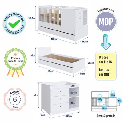 Berço Cama com Cômoda e Cama Auxiliar Branco Completa Móveis