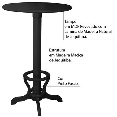 Mesa Bar Redonda com Suporte para pés Madeira Maciça Adan Preto Fosco - Gran Belo