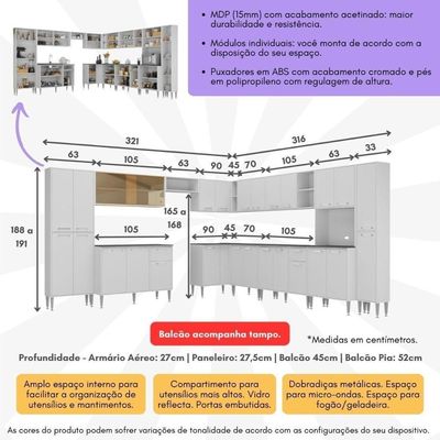 Armário De Cozinha Modulada 12 Pçs Com Balcão De Pia Siena Multimóveis Mp2240 Branco Branco