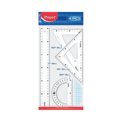 Kit Escolar Geométrico Maped com 1 Régua 30cm + 2 Esquadros + 1 Transferidor 180° Cristal