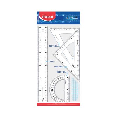 Kit Escolar Geométrico Maped com 1 Régua 30cm + 2 Esquadros + 1 Transferidor 180° Cristal