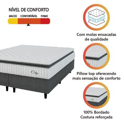 Cama Box Colchão Casal Queen Molas Ensacadas City Pillow Top 158x188x61cm Hellen Branco-Preto Suporta até 110kg por Pessoa