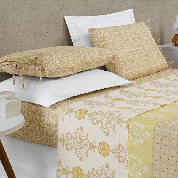 Jogo de Cama Lençol Sparta King Micropercal 200 Fios Estampado 4 Peças - Mostarda Arabesco