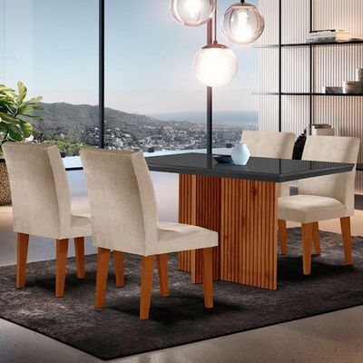 Mesa Olimpia 120mm Mdf Vidro Canto Reto Com 4 Cadeiras