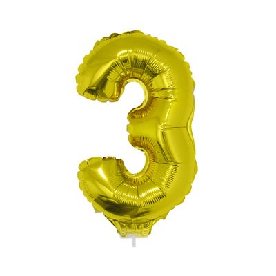 Balão Metalizado 16" Funny Número 3 Dourado com Suporte