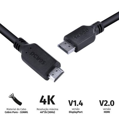 Cabo Displayport Macho P- Hdmi 2.0 2m