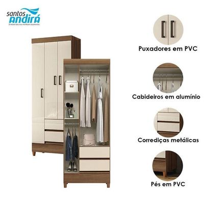Guarda Roupa Solteiro 3 Portas Com Pés Fit Jequitibá Off White Acetinado - Santos Andirá