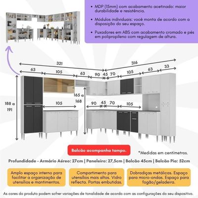 Armário De Cozinha Modulada 12 Pçs Com Balcão De Pia Siena Multimóveis Mp2240 Branco-preto