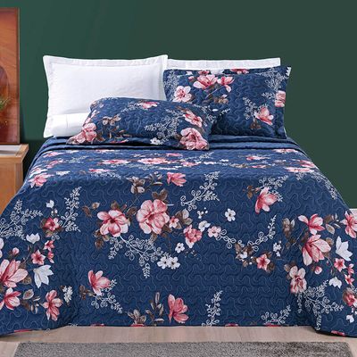 Kit Cobre Leito Colcha Júlia King 03 Peças MicroPercal 200 Fios DuplaFace Estampa Floral - Encantada