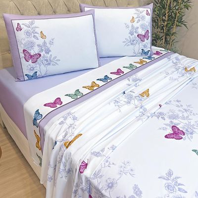 Jogo de Lençol Summer Casal 4 Peças MicroPercal 300 Fios Estampado Floral - Borboleta Lilás - 100% Poliéster
