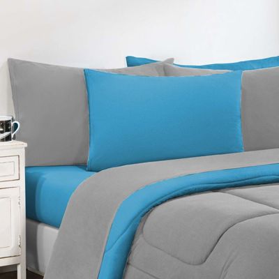 Kit Edredom Malha 100% Algodão Gran Moratta 3 Peças Queen - Cinza/Azul Turquesa