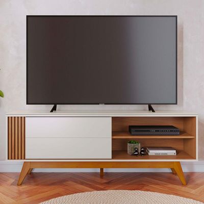 Rack Para Sala de Estar TV 60 Pol Quebec C04 Off White Matte Freijó - Lyam Decor