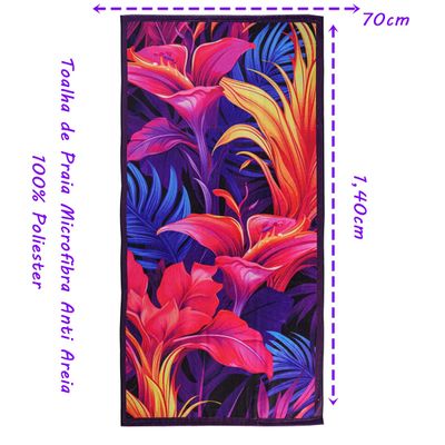 Toalha de Praia KazzaVip Microfibra 100% Poliéster Estampada Anti Areia Floral 70cm x 140m Colorido
