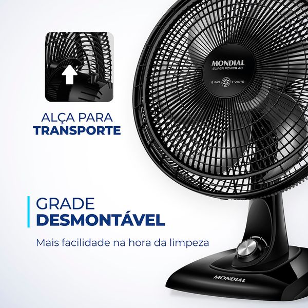 Ventilador de Mesa Mondial 6 Pás Super Power Preto VSP-40-B - 40cm 220V