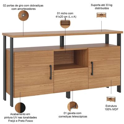 Aparador Buffet Para Sala de Jantar 2 Portas Industrial Marion D03 Freijó Preto Fosco - Lyam Decor