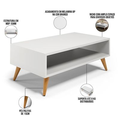 Mesa de Centro Para Sala de Estar Pés Palito Cannes L03 Branco - Lyam Decor