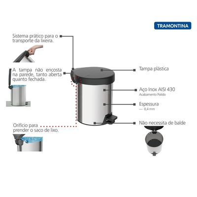 Lixeira com Pedal New Tramontina em aço inox com acabamento polido 5 L