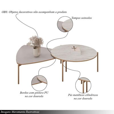 Conjunto Mesas de Centro Decorativas Oak e Dutton Pés Metálicos Dourados Fendi/Quartzo G18 - Gran Belo